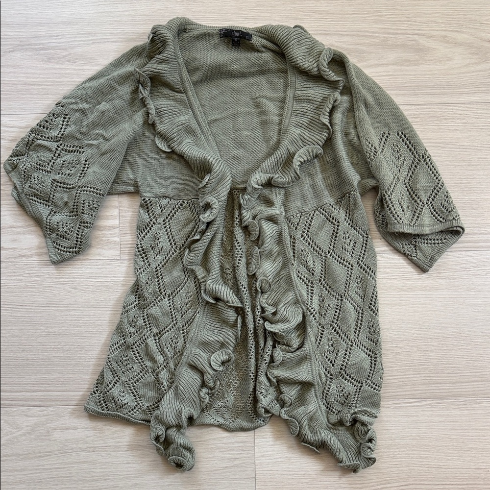 Slonl Knit Chic Ruffled Open-Front Cardigan in Olive